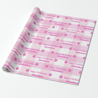Personalized Pink White Plaid Happy 17th Birthday Wrapping Paper