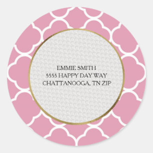 Personalized Pink White Quatrefoil Return Address Classic Round Sticker