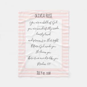 Personalized, Pink/White Stripe, Verse from Psalm Fleece Blanket