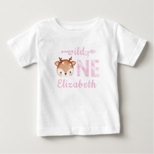 Personalized Pink WILD ONE Deer First Birthday Baby T-Shirt