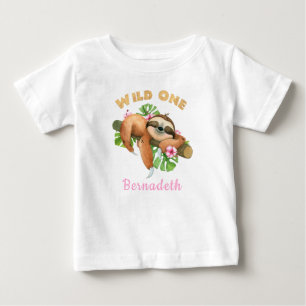 Personalized Pink WILD ONE Sloth 1st Birthday Baby T-Shirt