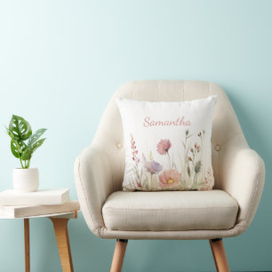 Personalized Pink Wildflower Floral Throw Pillow