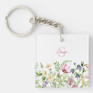 Personalized Pink Wildflower Keychain