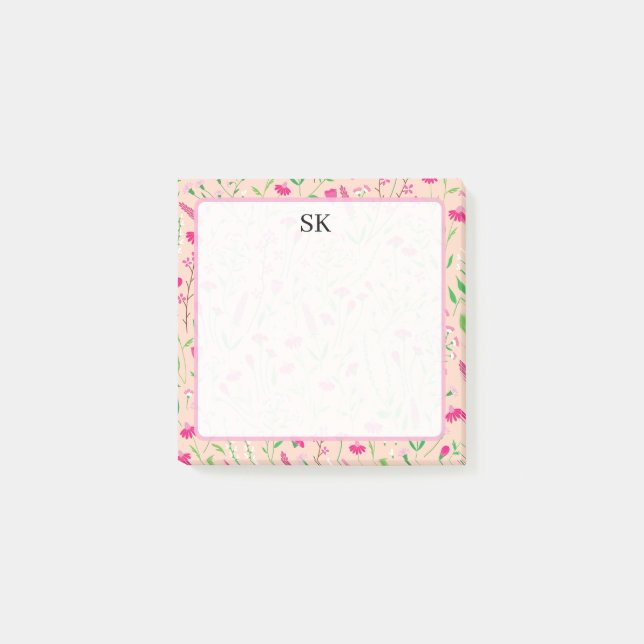 Personalized Pink Wildflower Monogram Post-it Notes (Front)