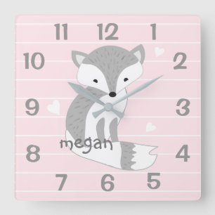 Personalized Pink Woodland Fox Nursery Wall Clock