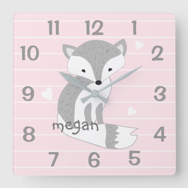 Personalized Pink Woodland Fox Nursery Wall Clock (Front)