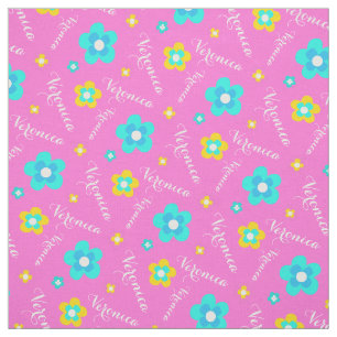 Personalized pink yellow aqua white name pattern fabric