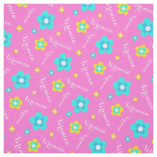 Personalized pink yellow aqua white name pattern fabric (Swatch)