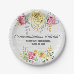 Personalized Pink Yellow Floral on Grey Burlap Paper Plate