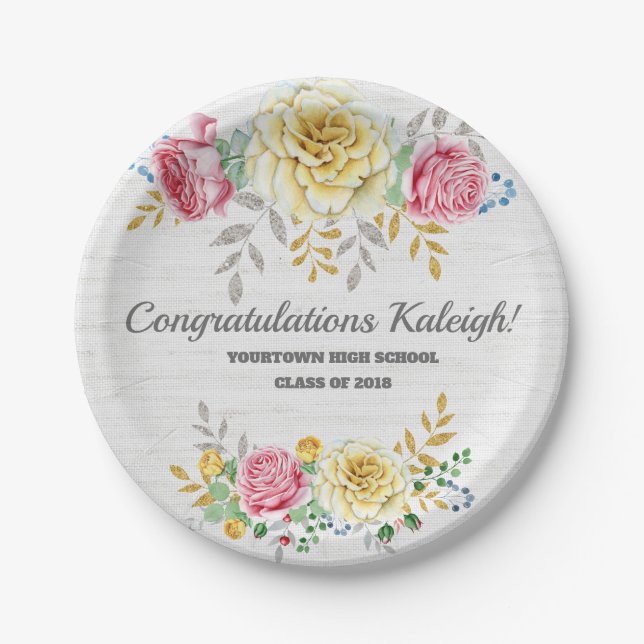 Personalized Pink Yellow Floral on Grey Burlap Paper Plate (Front)