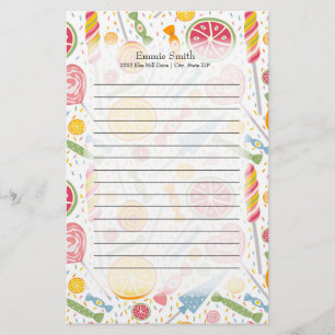 Personalized Pink Yellow Green Candy on White Stationery