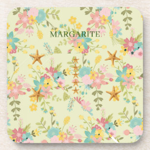 Personalized Pink Yellow Green Florals Coaster
