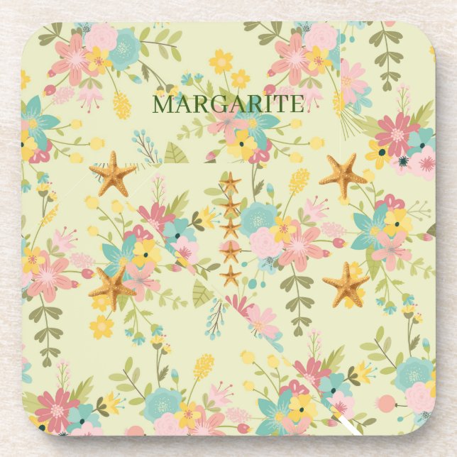 Personalized Pink Yellow Green Florals Coaster (Front)