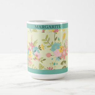 Personalized Pink Yellow Green Florals Coffee Mug