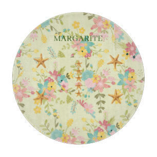 Personalized Pink Yellow Green Florals Cutting Board