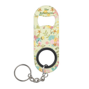 Personalized Pink Yellow Green Florals Starfish Keychain Bottle Opener