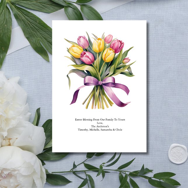 Personalized Pink Yellow Tulip Flowers Easter  Holiday Card (Personalized Pink Yellow Bouquet of Flowers Tulips Easter Spring Card)
