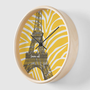 Personalized Pink Yellow Zebra Eiffel Tower Clock