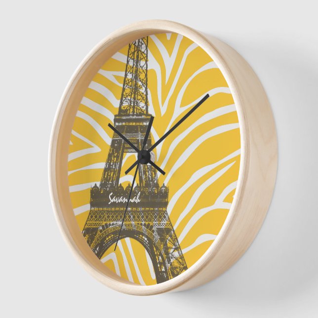 Personalized Pink Yellow Zebra Eiffel Tower Clock (Angle)