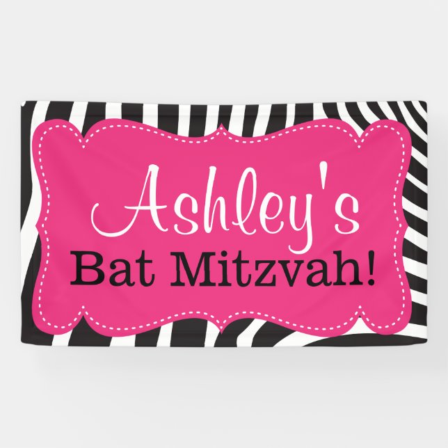 Personalized Pink Zebra Print Bat Mitzvah Banner (Horizontal)