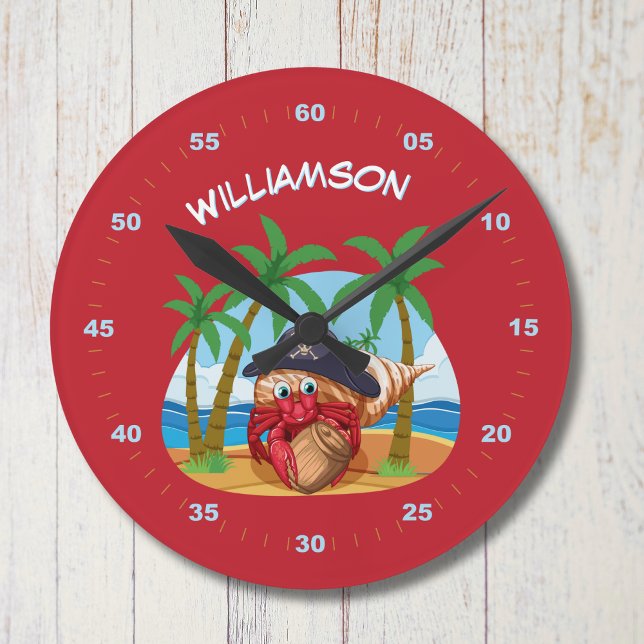 Personalized Pirate Hermit Crab Beach fun kids  Round Clock (Creator Uploaded)