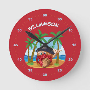 Personalized Pirate Hermit Crab Beach fun kids  Round Clock