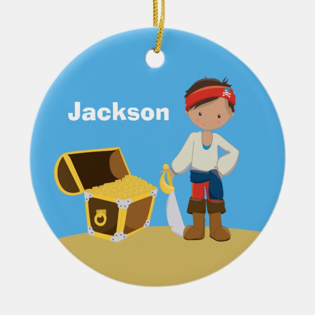 Personalized Pirate Kids Blue Boys Name Christmas Ceramic Ornament (Front)
