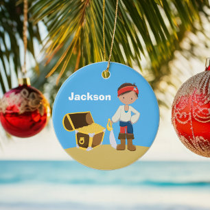 Personalized Pirate Kids Blue Boys Name Christmas Ceramic Ornament