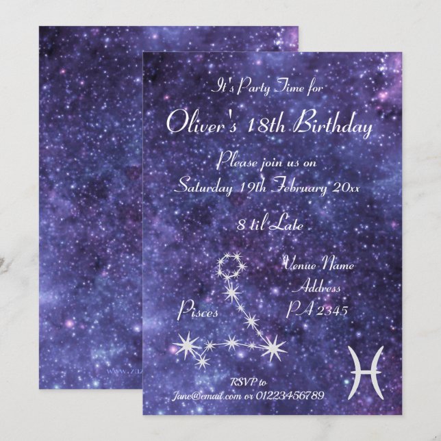 Personalized Pisces Zodiac Galaxy Party Invitation (Front/Back)