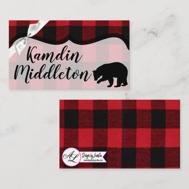 Personalized Place Cards Red Plaid Black Bear (Front/Back)