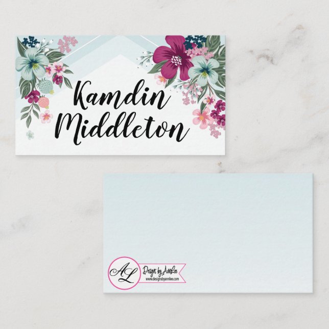 Personalized Place Cards Tropical Flowers on Blue (Front/Back)