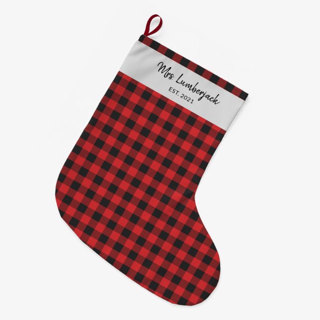 Personalized Plaid Black Red Check Buffalo Name Large Christmas Stocking (Front (Hanging))