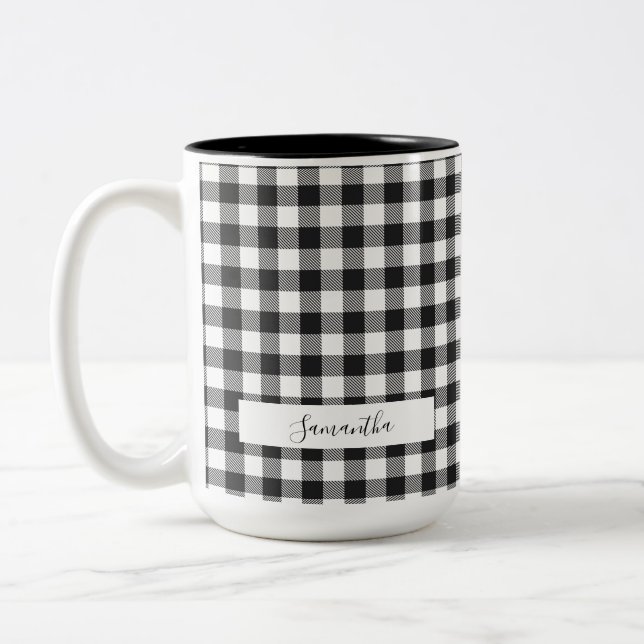 Personalized Plaid Black White Rustic Gingham Mom Two-Tone Coffee Mug (Left)