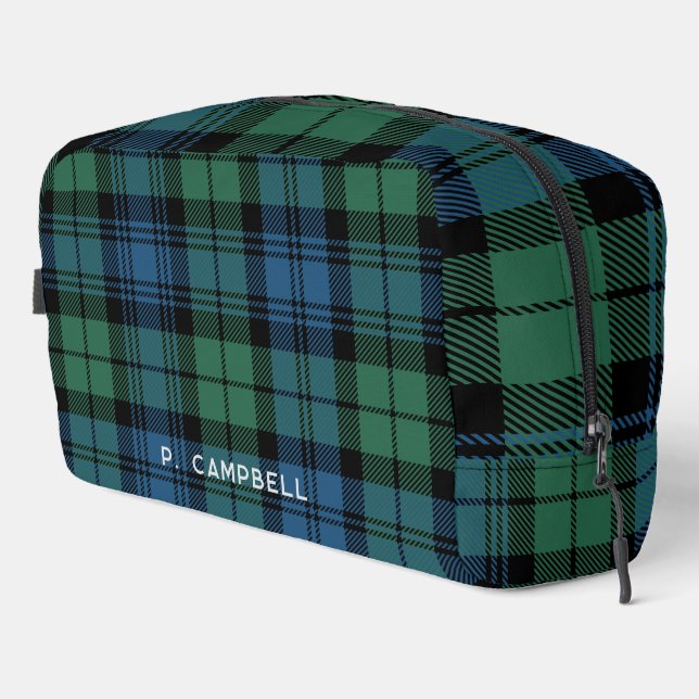 Personalized Plaid Campbell Green Blue Tartan Dopp Kit (Right Corner)