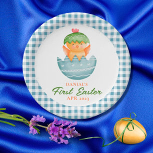 Personalized Plaid Chick Egg My First Easter Paper Plate