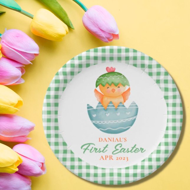 Personalized Plaid Chick Egg My First Easter Paper Plate (Creator Uploaded)