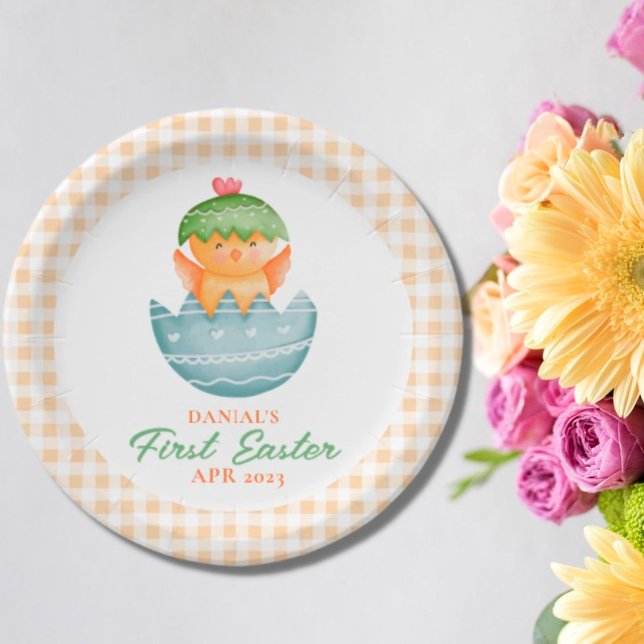 Personalized Plaid Chick Egg My First Easter Paper Plate (Creator Uploaded)
