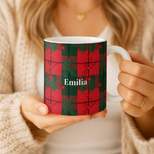 Personalized Plaid Christmas Mug with Holly Berrie