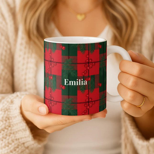 Personalized Plaid Christmas Mug with Holly Berrie (Creator Uploaded)