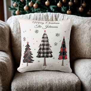Personalized Plaid Christmas Tree Family Pillow