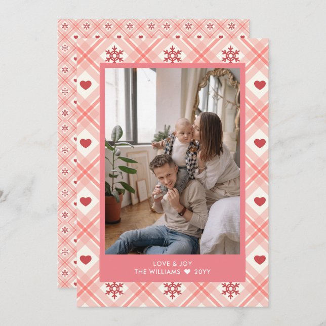 Personalized Plaid Heart Snowflake  Photo  Holiday Card (Front/Back)