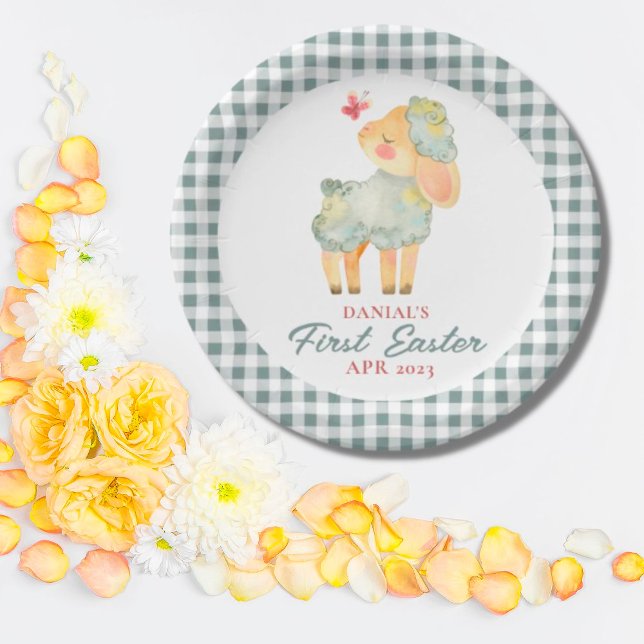 Personalized Plaid Little Lamb My First Easter Paper Plate (Creator Uploaded)