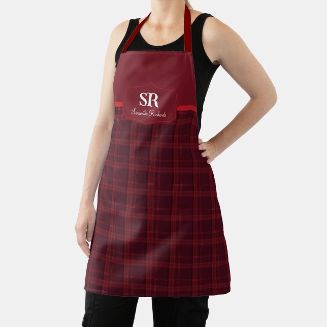 Personalized Plaid Monogram Red Tartan Apron (Insitu)