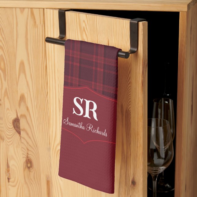 Personalized Plaid Monogram Red Tartan Baking Kitc Kitchen Towel (Thirds Fold)
