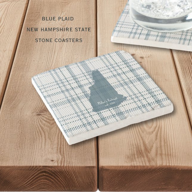 Personalized Plaid New Hampshire Granite State  Stone Coaster (Personalize these casual blue plaid New Hampshire state coasters. Perfect for cabins or lake house!)