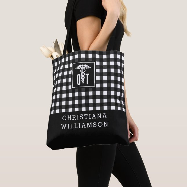 Personalized Plaid Pattern OT Occupational Therapy Tote Bag (Close Up)