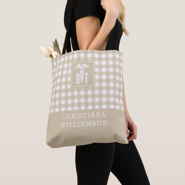 Personalized Plaid Pattern OT Occupational Therapy Tote Bag (Close Up)