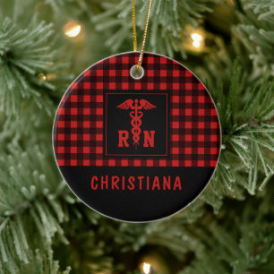 Personalized Plaid Pattern RN Registered Nurse Ceramic Ornament