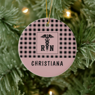 Personalized Plaid Pattern RN Registered Nurse Ceramic Ornament