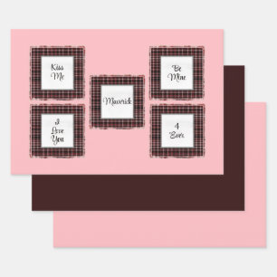 Personalized Plaid Pink Brown Matched Valentine's Wrapping Paper Sheet